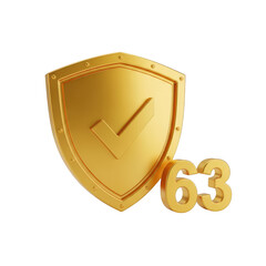 Golden shield with a tick mark and the number 63 isolated on transparent background