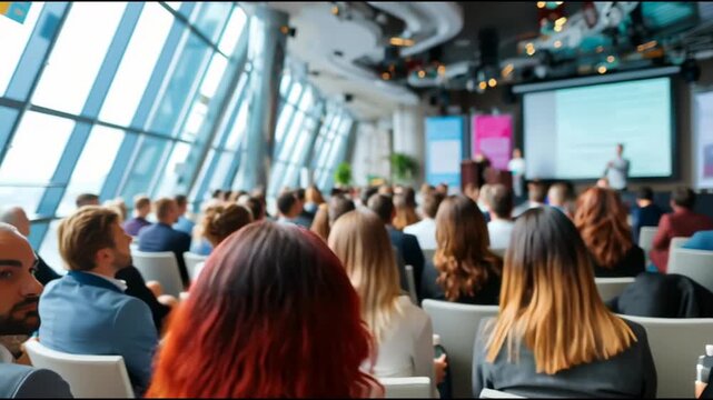 Wide shot of a large and diverse business audience listening attentively during a corporate seminar or conference in a modern hall with large windows.