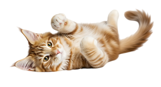 Adorable fluffy ginger kitten playing on its back with paws up isolated on transparent background evoking joy and playfulness a perfect stock photo for pet-related themes and cute animal content