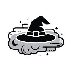 Black witch hat with magical cloud and stars fantasy spooky
