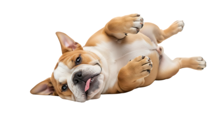 Adorable bulldog puppy playfully rolling on its back with tongue sticking out isolated on transparent background enjoying a happy moment