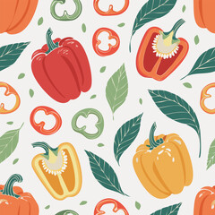 Hand-drawn vintage style illustration of red bell peppers with seeds and green leaves. Minimal retro design, soft colors, perfect for food, organic, farming, and kitchen projects