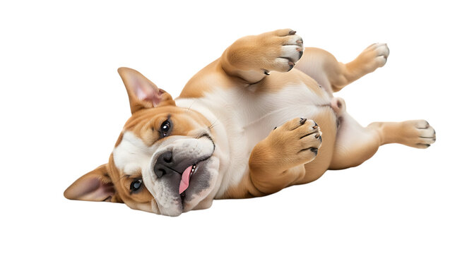 Adorable bulldog puppy playfully rolling on its back with tongue sticking out isolated on transparent background enjoying a happy moment