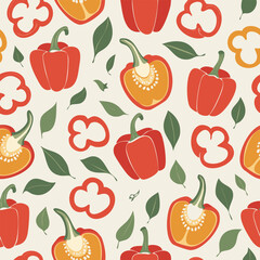 Hand-drawn vintage style illustration of red bell peppers with seeds and green leaves. Minimal retro design, soft colors, perfect for food, organic, farming, and kitchen projects