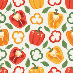 Hand-drawn vintage style illustration of red bell peppers with seeds and green leaves. Minimal retro design, soft colors, perfect for food, organic, farming, and kitchen projects