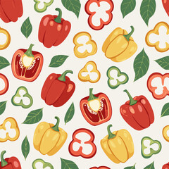 Hand-drawn vintage style illustration of red bell peppers with seeds and green leaves. Minimal retro design, soft colors, perfect for food, organic, farming, and kitchen projects