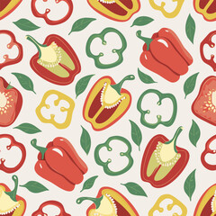 Hand-drawn vintage style illustration of red bell peppers with seeds and green leaves. Minimal retro design, soft colors, perfect for food, organic, farming, and kitchen projects