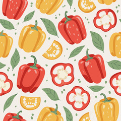 Hand-drawn vintage style illustration of red bell peppers with seeds and green leaves. Minimal retro design, soft colors, perfect for food, organic, farming, and kitchen projects