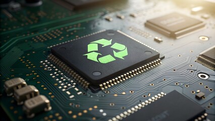 Sustainable Technology Close up of a Microchip with a Green Recycle Symbol on it