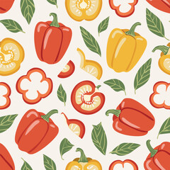 Hand-drawn vintage style illustration of red bell peppers with seeds and green leaves. Minimal retro design, soft colors, perfect for food, organic, farming, and kitchen projects