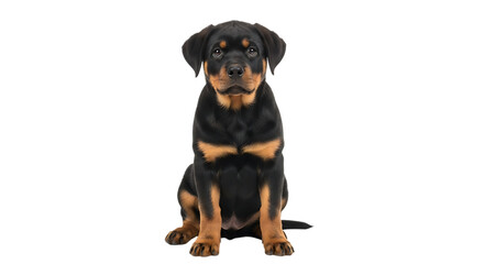 Adorable Rottweiler Puppy Sitting Calmly Isolated on Transparent Background Expressing Loyalty and Companionship Ideal for Pet Care Marketing and Dog Lover Themes