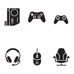 Gaming equipment collection including console controller headphones mouse and chair vector