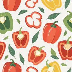 Hand-drawn vintage style illustration of red bell peppers with seeds and green leaves. Minimal retro design, soft colors, perfect for food, organic, farming, and kitchen projects