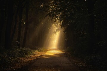 Obraz premium Golden sunlight creates a mystical atmosphere on a foggy path through a dense forest