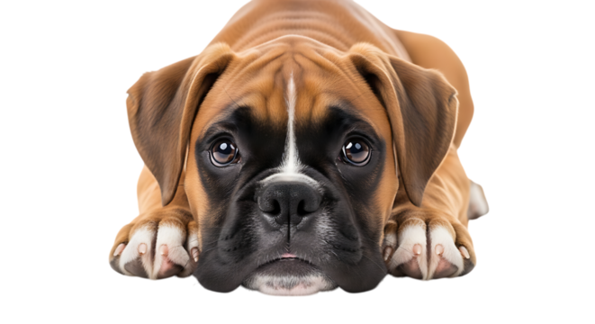 Adorable Boxer puppy lying down looking directly at the camera with a sad expression isolated on transparent background cute pet canine friend loyal companion domestic animal