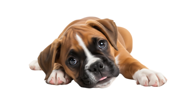 Adorable Boxer puppy with playful expression resting its head on its paws with a tongue slightly sticking out isolated on transparent background