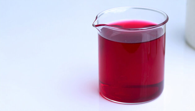 Dark red chromic acid solution in laboratory glass beaker. Strong oxidizing agent. Chemistry concept