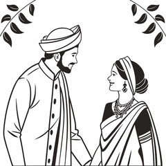Traditional Indian Wedding Couple in Elegant Attire A Heartwarming Depiction of Love and Cultural Heritage Black and White Art