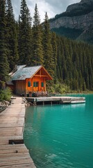 Obraz premium Lakeside cabin nestled amongst pine trees by a turquoise lake