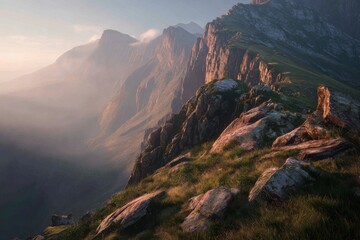 Majestic Mountain Landscape at Sunrise with Mist Hovering Over Rocky Cliffside and Lush Green Grass in Foreground