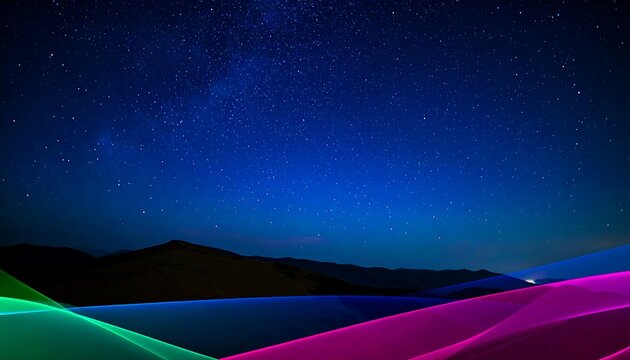 Colorful light trails dance across a landscape under a star-studded night sky.