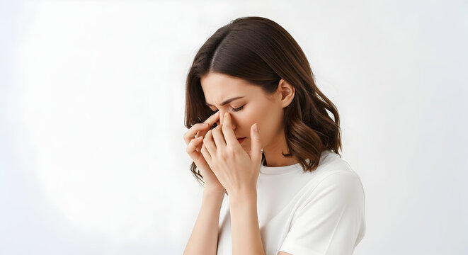 Woman experiencing sinus pain headache pressure relief remedies treatment healthcare medical symptom migraine allergy