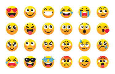 Obraz premium Big Set of Emoticon Smile Icons – Cartoon Emoji Collection with Different Facial Expressions Isolated on White Background. Fun Yellow Faces Showing Love, Happiness, Sadness, Anger, Surprise, and More.