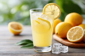 Refreshing glass of lemonade with ice and lemon slices on a wooden table in a bright setting