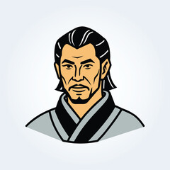 A character illustration of a samurai man in a blue suit