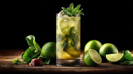 Refreshing mojito cocktail on wooden table
