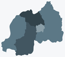 Map of Rwanda with regions. Just a simple country border map with region division. Blue grey color palette. Flat Republic of Rwanda shape with administrative division. Vector illustration.