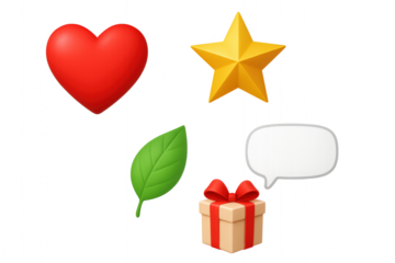 3d emoji icons heart star leaf gift and chat bubble isolated on black background