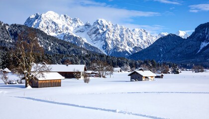 Snowy alpine village nestled in a valley with snow-capped mountains