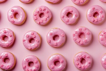 Delicious pink donuts with pink sprinkles creating a repeating pattern on a pink background