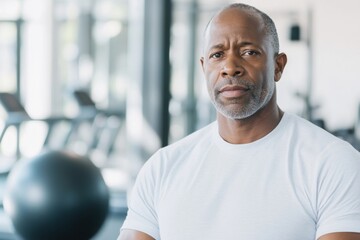 Obraz premium Middle-aged Black man engages in rehabilitation using a fitness ball in a gym for active recovery