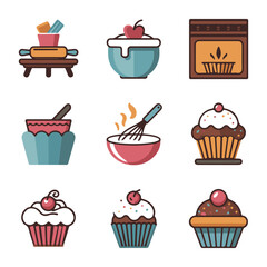 Baking ingredients and tools with cupcakes and oven cooking