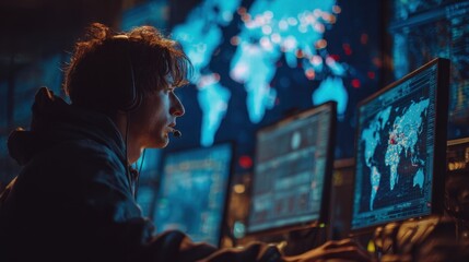 Cybersecurity specialist wearing headset monitoring global network activity on multiple computer screens in a dark control center with world map displayed on large screens