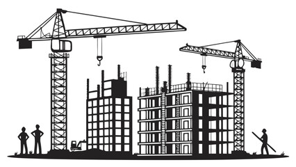 Silhouette illustration of a construction site with cranes and buildings under construction at day time created with generated ai
