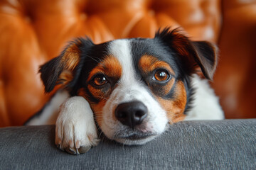 Dog laying on couch with paws on arm.