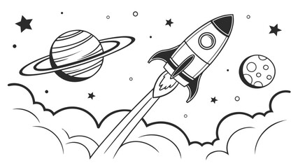 A rocket ship soaring through space with planets stars and clouds in a black and white line drawing created with generated ai