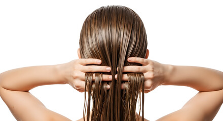 Woman applying hair conditioner after showerlong shiny brown haircare routine healthy hair