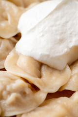 Pelmeni Russian national kitchen. Boiled dumplings with beef. Selective focus. Shallow depth of field.