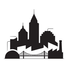 Obraz premium Black silhouette of a city skyline with a suspension bridge and industrial buildings white