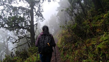 Obraz premium A person hikes along a misty forest trail, shrouded in dense greenery and soft light.