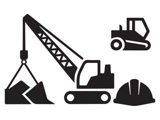 Crane lifting dirt with excavator and hard hat construction bulldozer