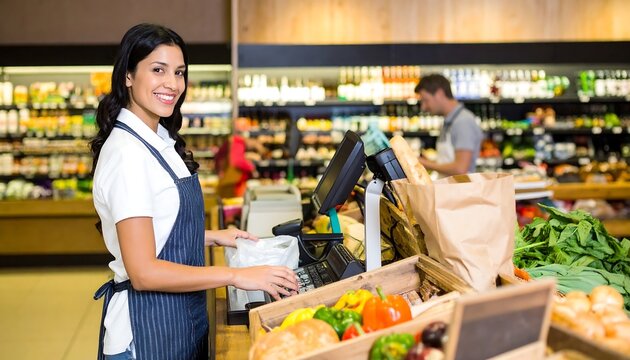 A friendly grocery store employee smiles at the camera while working at a checkout counter.