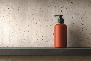 Obraz premium Minimalist Dark Amber Bottle on Shelf Against Textured Wall Background