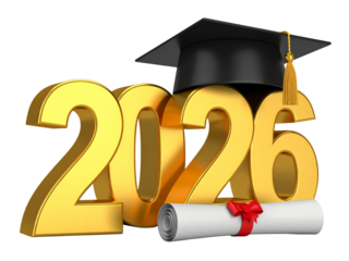 Gold 3D Graduation Text “2026” with Cap and Diploma Scroll, Angled Perspective
