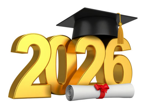 Gold 3D Graduation Text “2026” with Cap and Diploma Scroll, Angled Perspective
