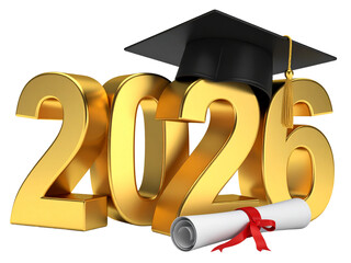 Gold 3D Graduation Text “2026” with Cap and Diploma Scroll, Angled Perspective on a transparent background PNG